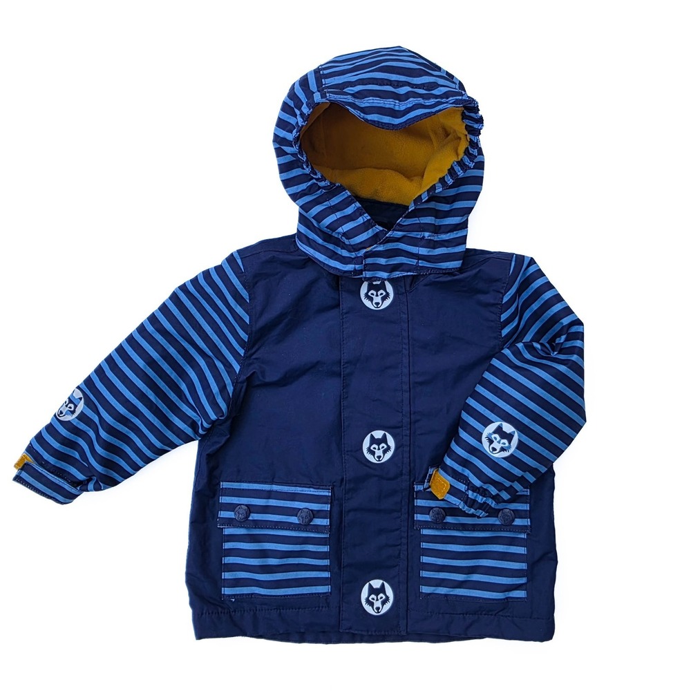 Tchibo Kids Hooded Rain Jacket 74-80 Blue Striped Fleece Lined Husky Reflective